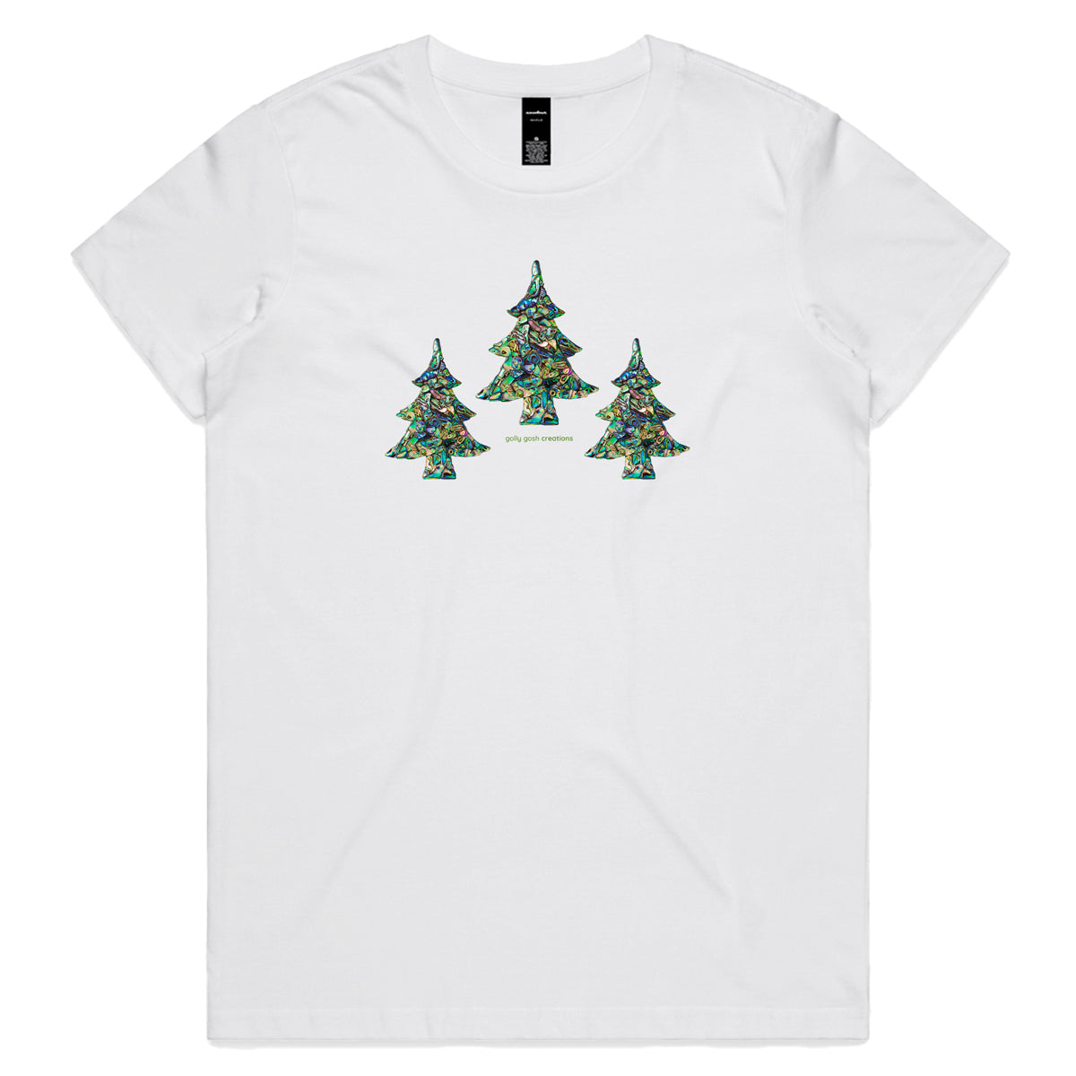 A paua Christmas trees white woman's tee shirt from Golly Gosh Creations. Sizes XS - 2XL. A fun creation crafted from sparkling paua shells. Quality cotton.