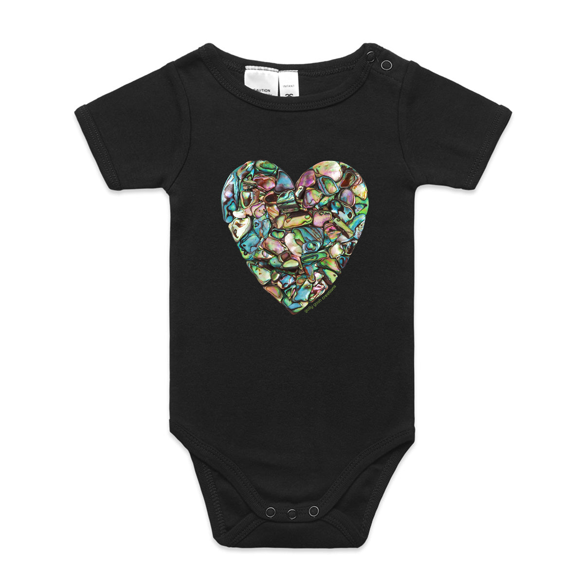 A paua heart babygrow by Golly Gosh Creations. A quality black cotton garment available from 0 - 24 months. Created from striking paua shells.