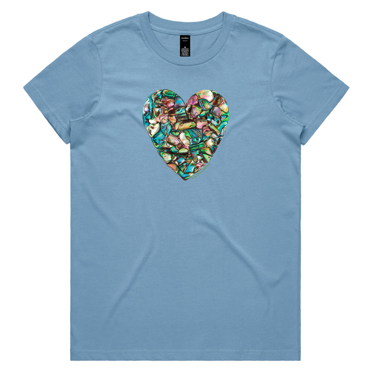 A paua heart soft blue woman's tee shirt from Golly Gosh Creations. Crafted from sparkling paua shells. Sizes XS - 2XL. Quality cotton.