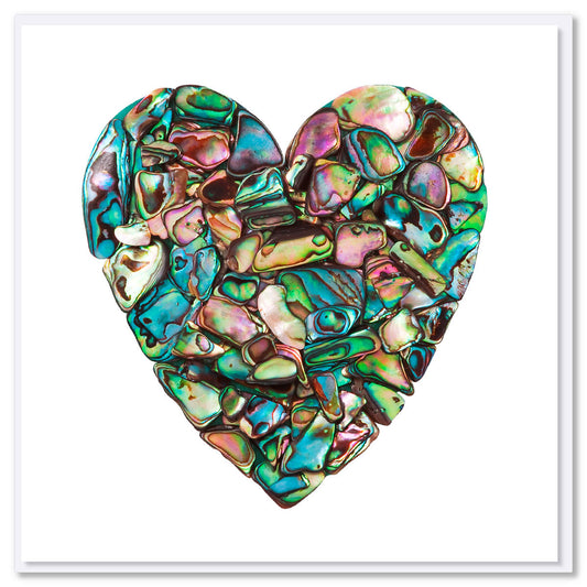 This paua heart greeting card from Golly Gosh Creations is created using pieces of shimmering paua shells. Size 142 x 142 mm.