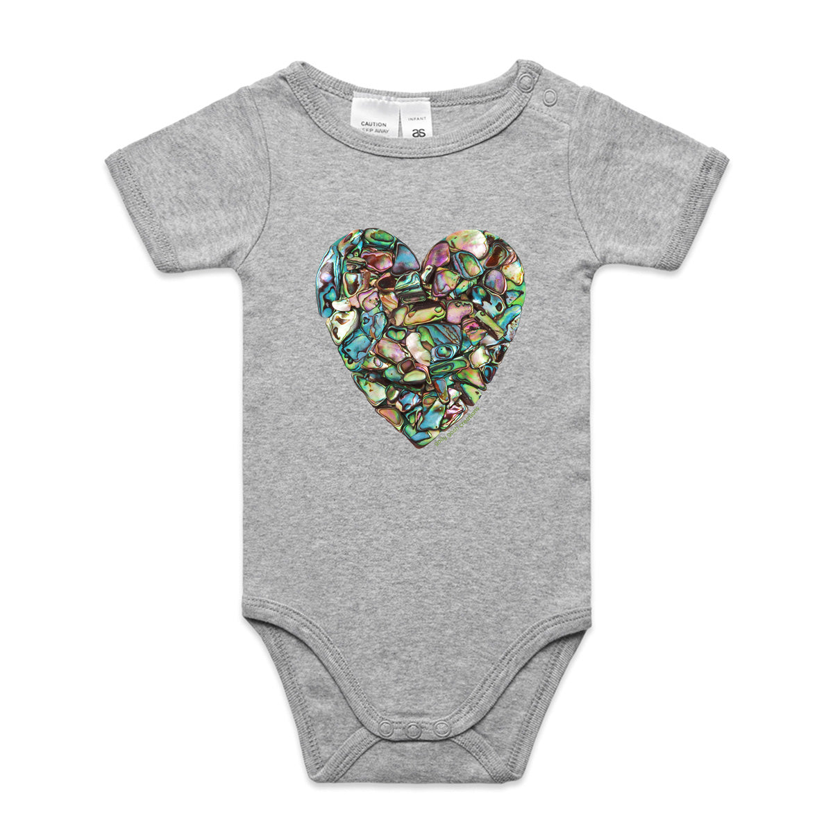 A paua heart babygrow by Golly Gosh Creations. A quality grey cotton garment available from 0 - 24 months. Created from striking paua shells.