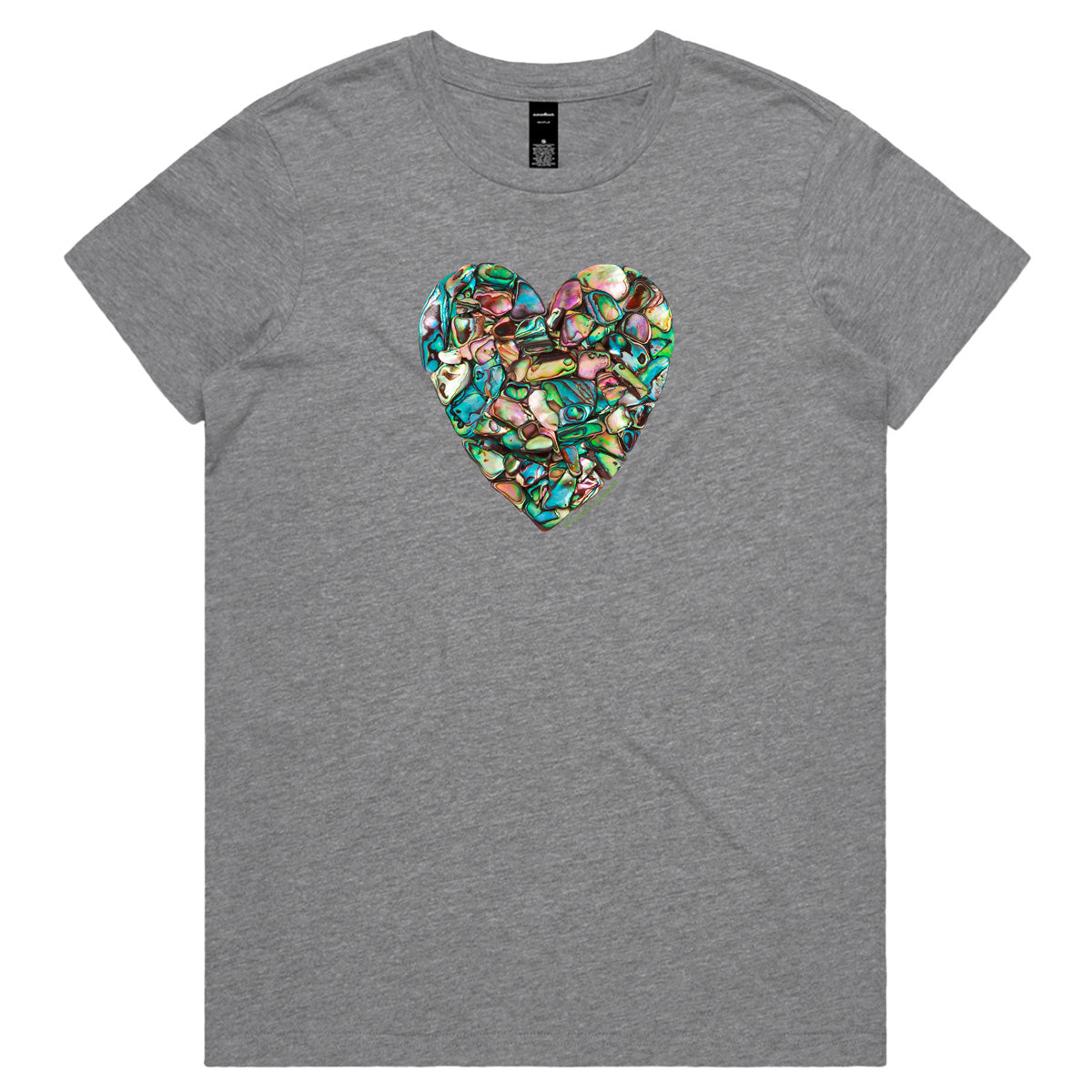 A paua heart grey woman's tee shirt from Golly Gosh Creations. Crafted from sparkling paua shells. Sizes XS - 2XL. Quality cotton.