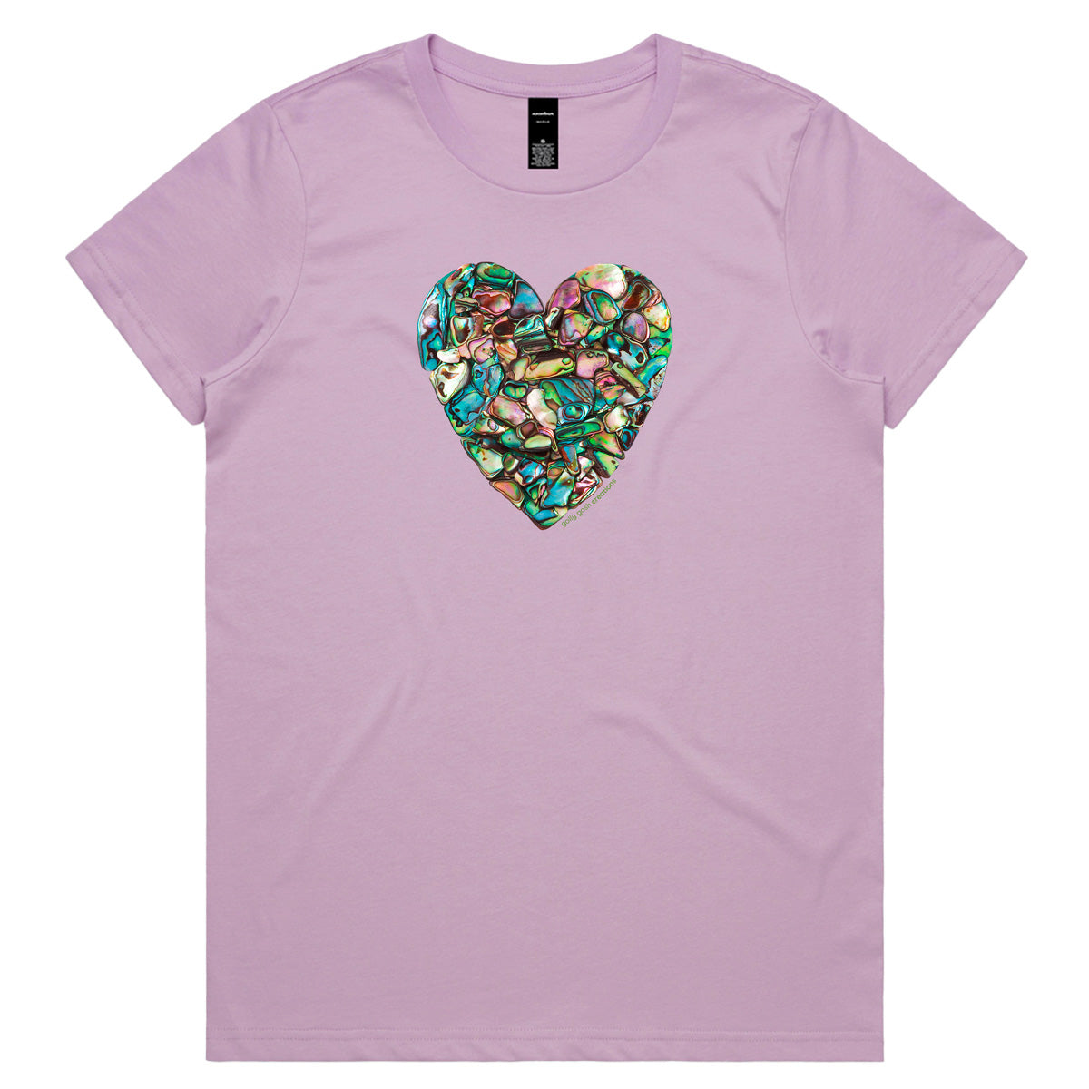 A paua heart lavender coloured woman's tee shirt from Golly Gosh Creations. Crafted from sparkling paua shells. Sizes XS - 2XL. Quality cotton.