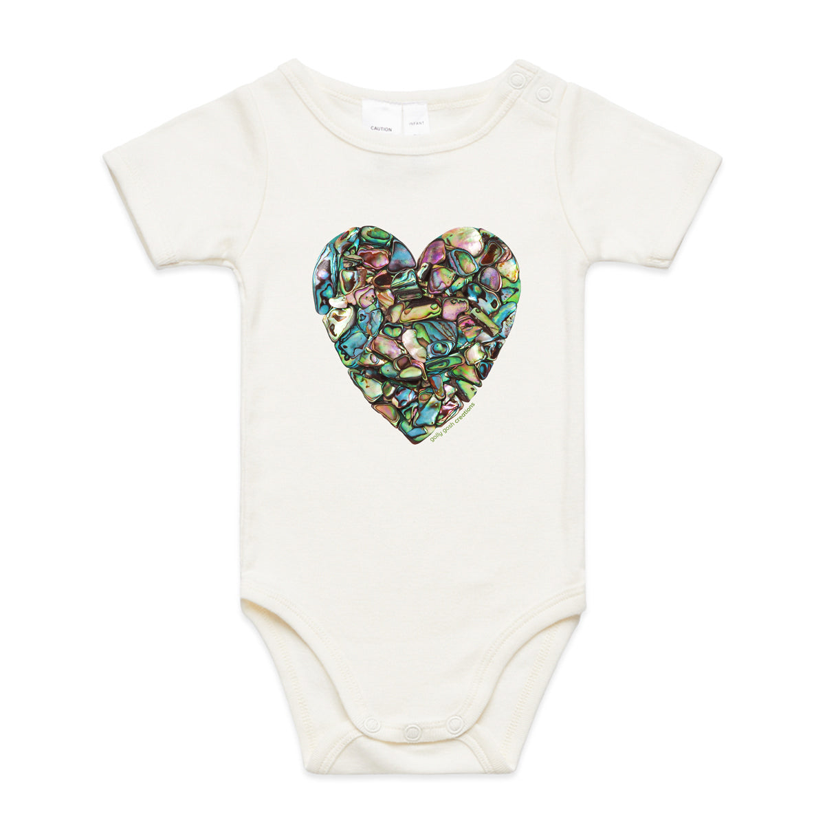 A paua heart babygrow by Golly Gosh Creations. A quality natural cotton garment available from 0 - 24 months. Created from striking paua shells.