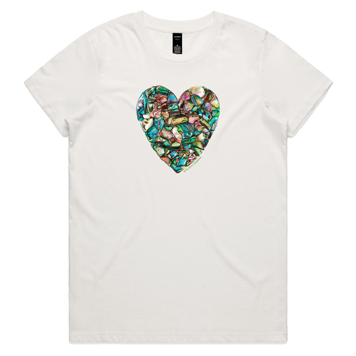 A paua heart natural coloured woman's tee shirt from Golly Gosh Creations. Crafted from sparkling paua shells. Sizes XS - 2XL. Quality cotton.
