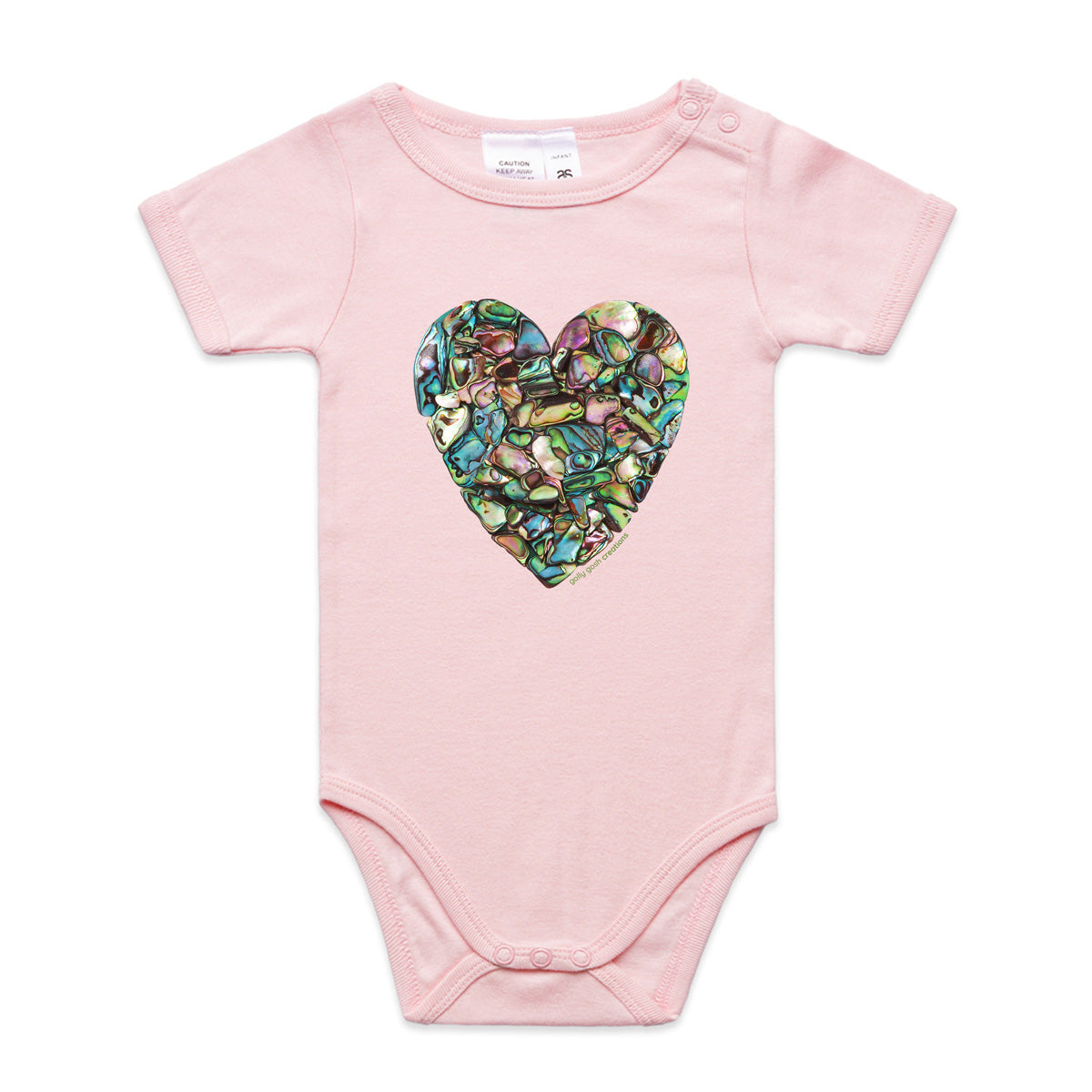 A paua heart babygrow by Golly Gosh Creations. A quality pink cotton garment available from 0 - 24 months. Created from striking paua shells.