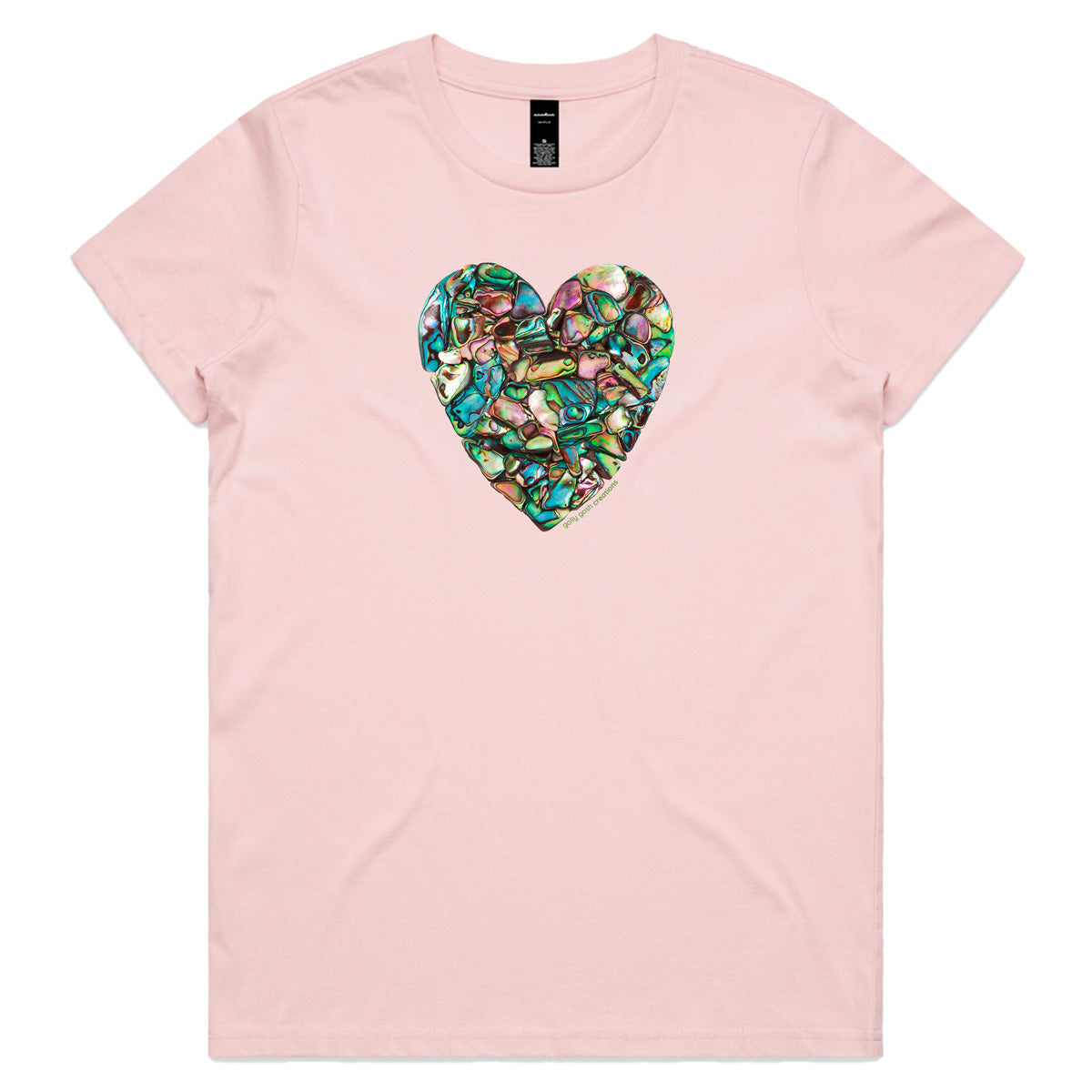 A paua heart soft pink woman's tee shirt from Golly Gosh Creations. Crafted from sparkling paua shells. Sizes XS - 2XL. Quality cotton.