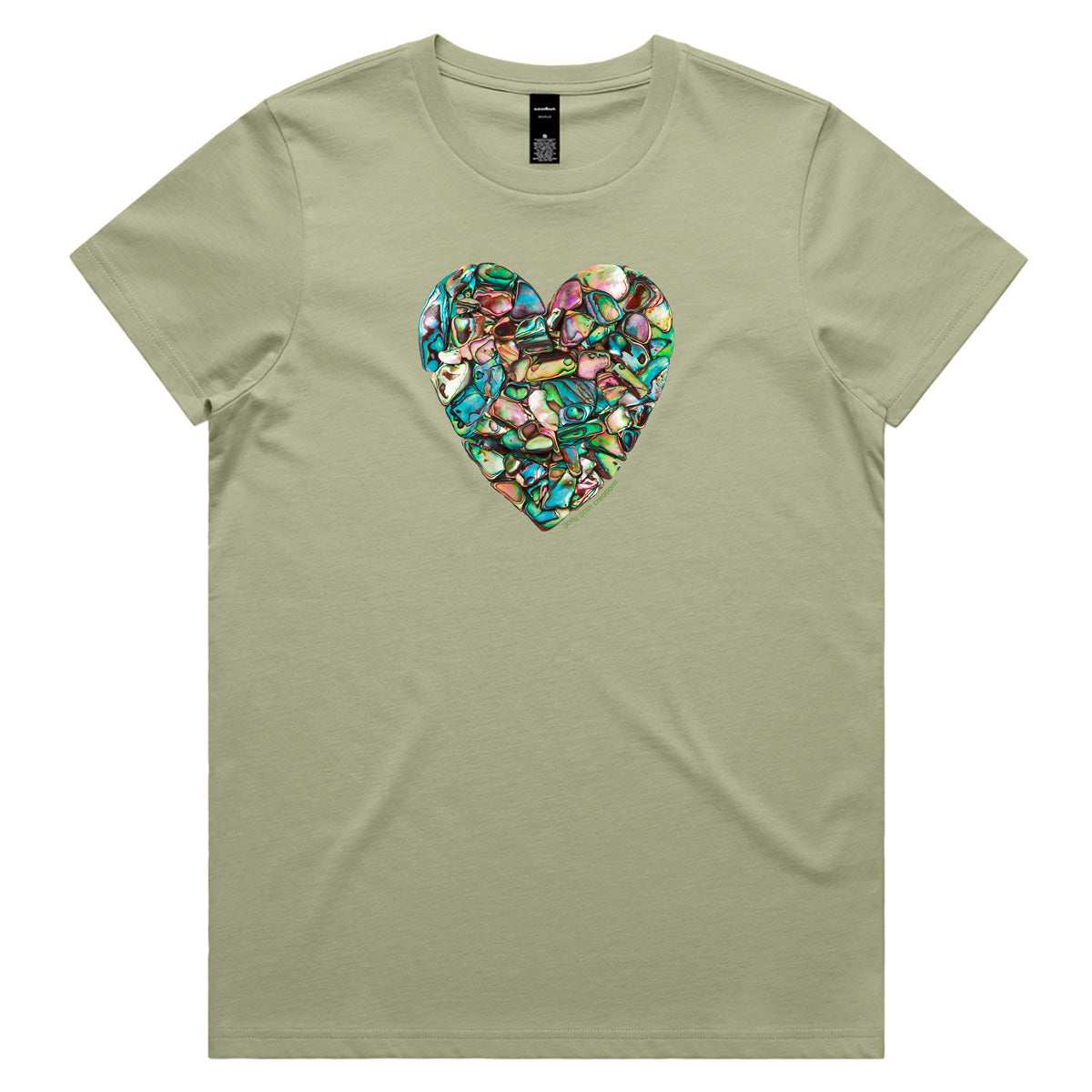 A paua heart pistachio coloured woman's tee shirt from Golly Gosh Creations. Crafted from sparkling paua shells. Sizes XS - 2XL. Quality cotton.