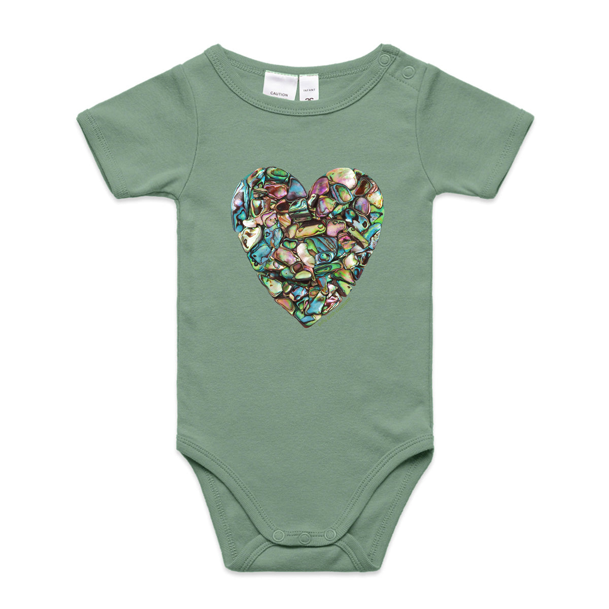 A paua heart babygrow by Golly Gosh Creations. A quality sage cotton garment available from 0 - 24 months. Created from striking paua shells.