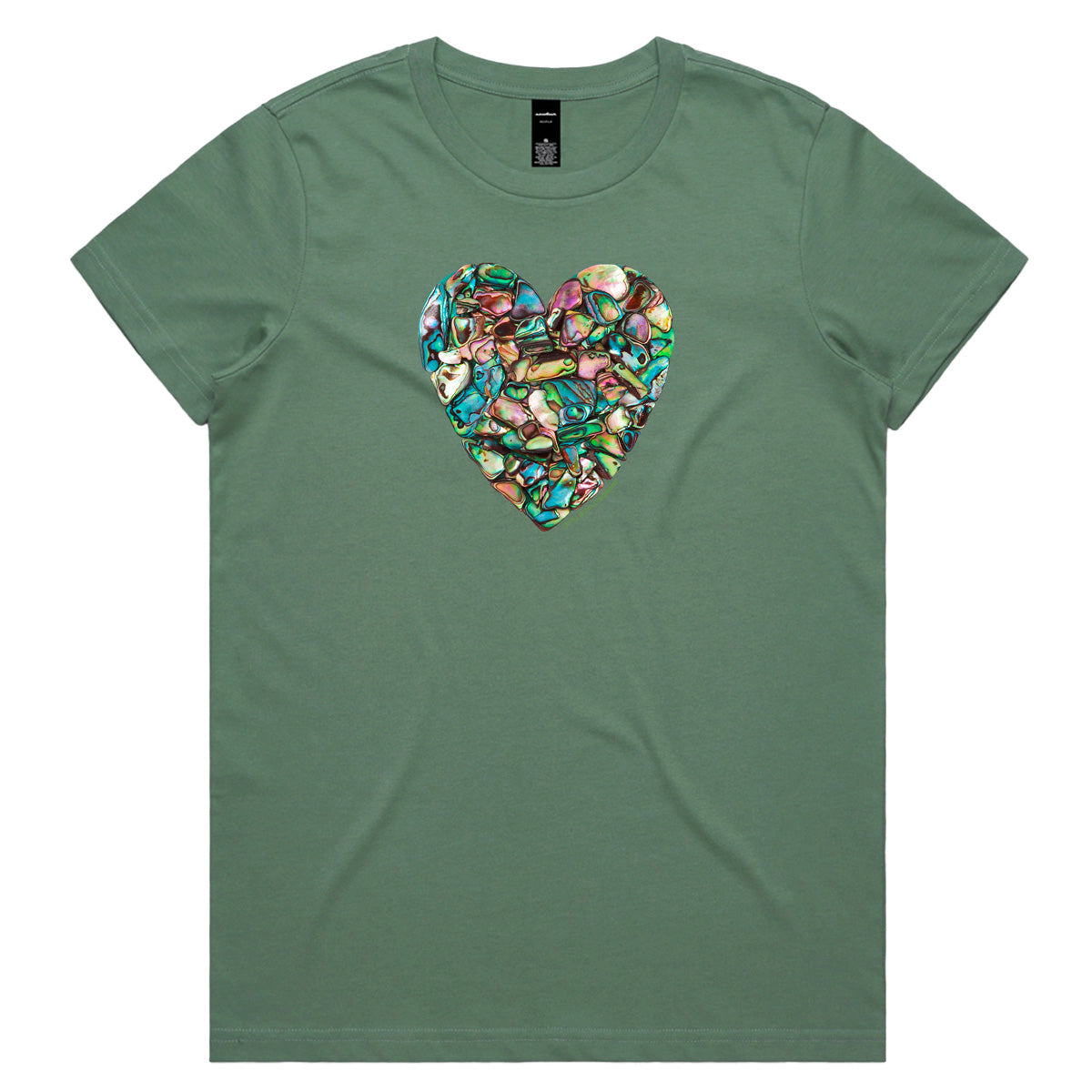 A paua heart sage coloured woman's tee shirt from Golly Gosh Creations. Crafted from sparkling paua shells. Sizes XS - 2XL. Quality cotton.