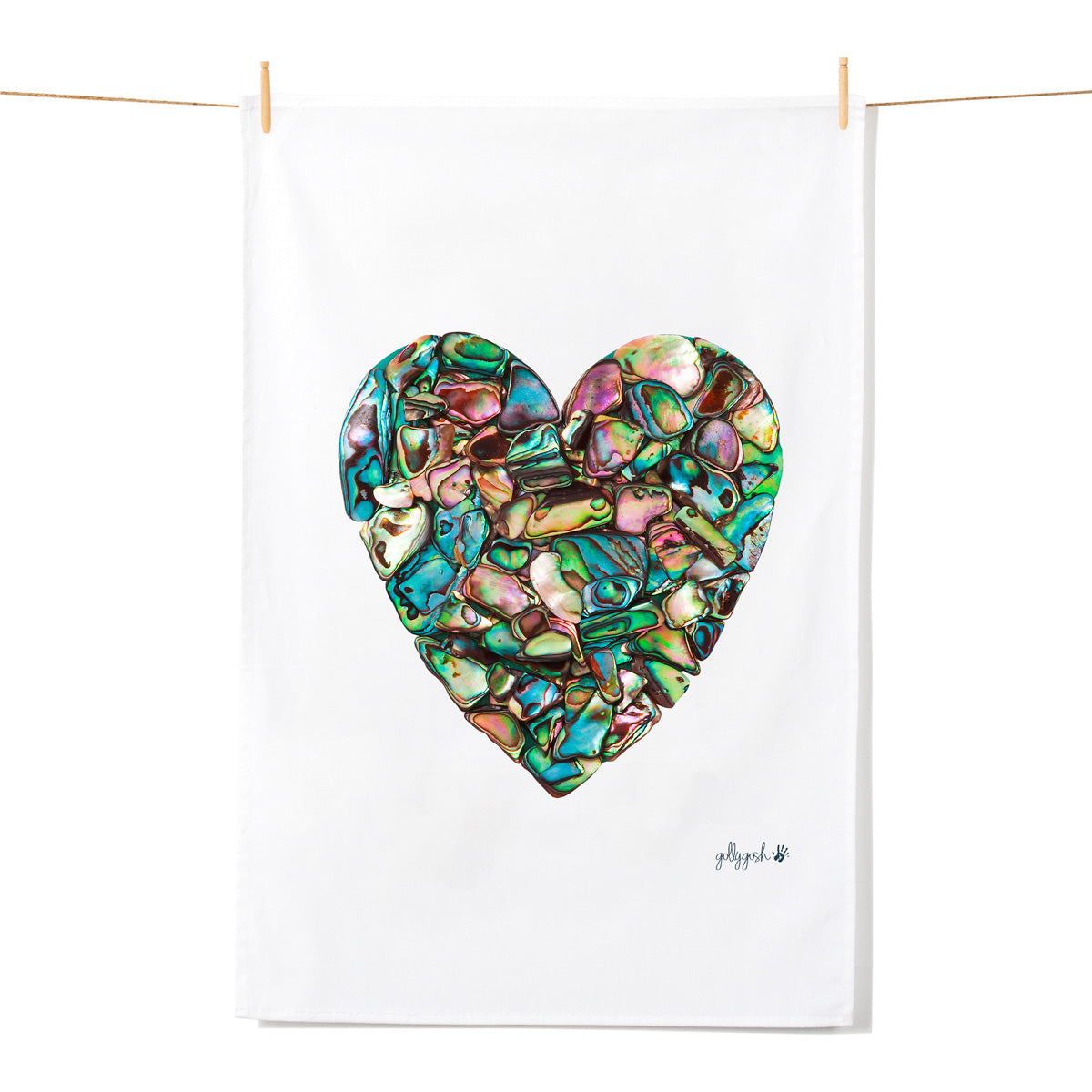 A beautiful heart shape created from sparkling pieces of paua shell. A quality cotton tea towel from Golly Gosh Creations.