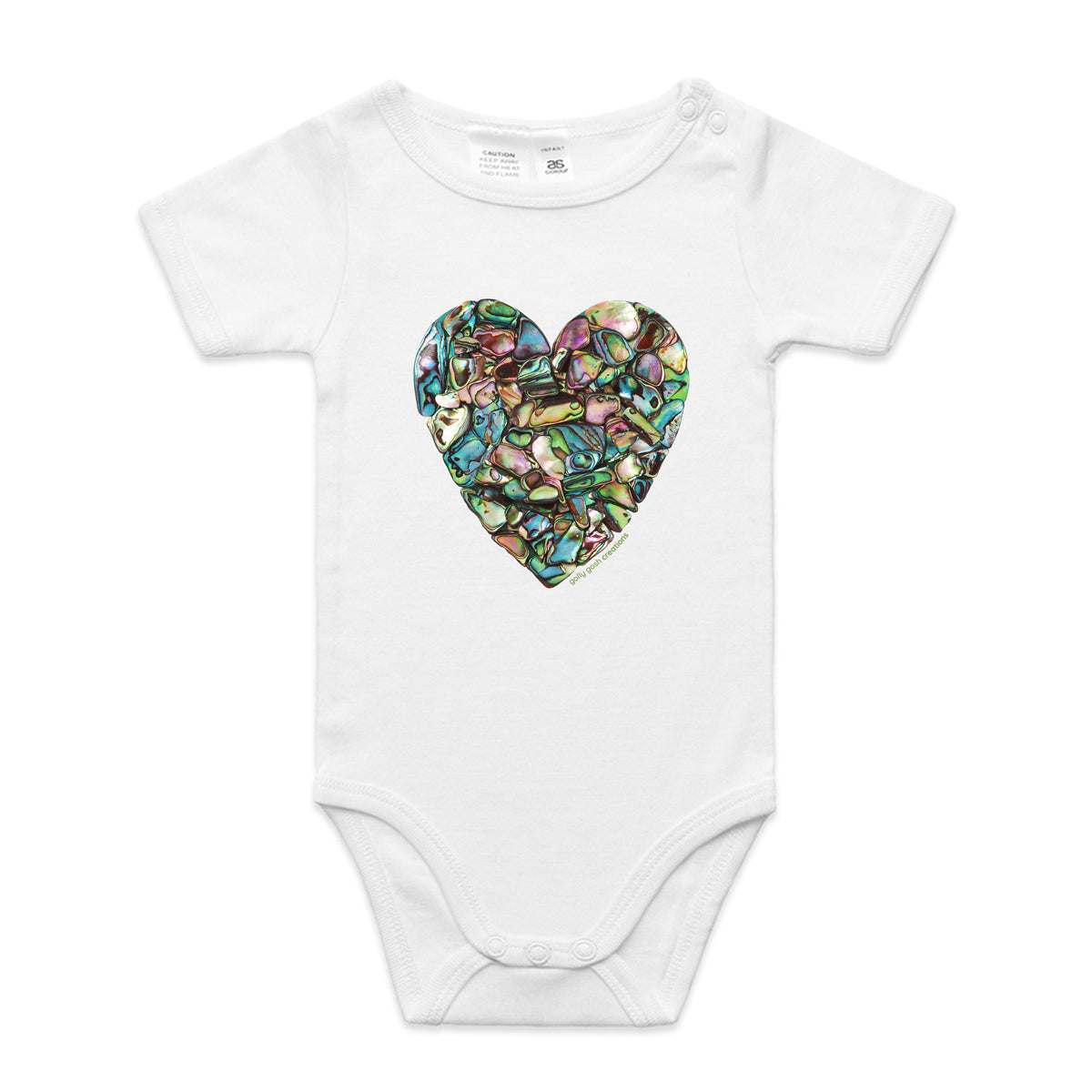 A paua heart babygrow by Golly Gosh Creations. A quality white cotton garment available from 0 - 24 months. Created from striking paua shells.