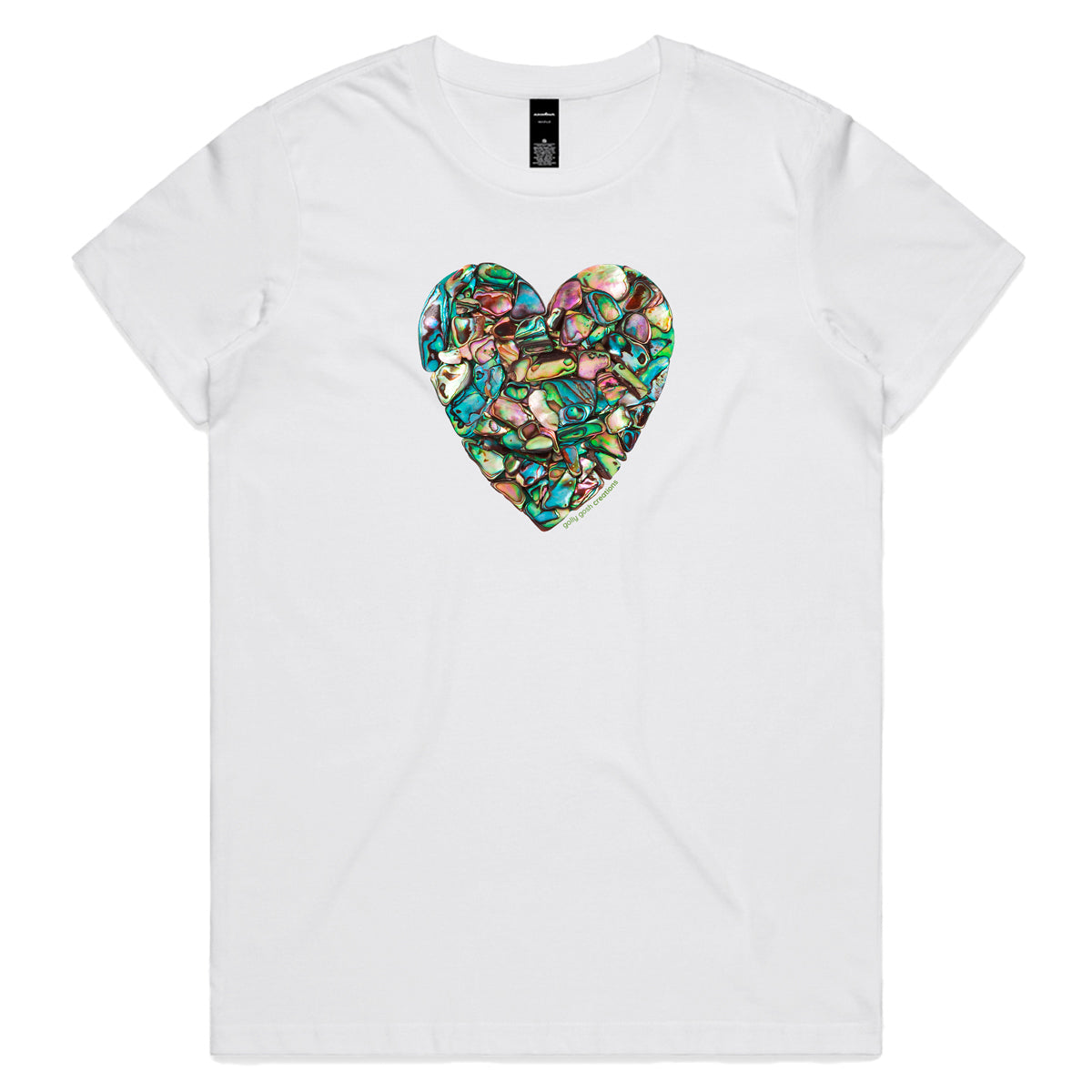 A paua heart white woman's tee shirt from Golly Gosh Creations. Crafted from sparkling paua shells. Sizes XS - 2XL. Quality cotton.
