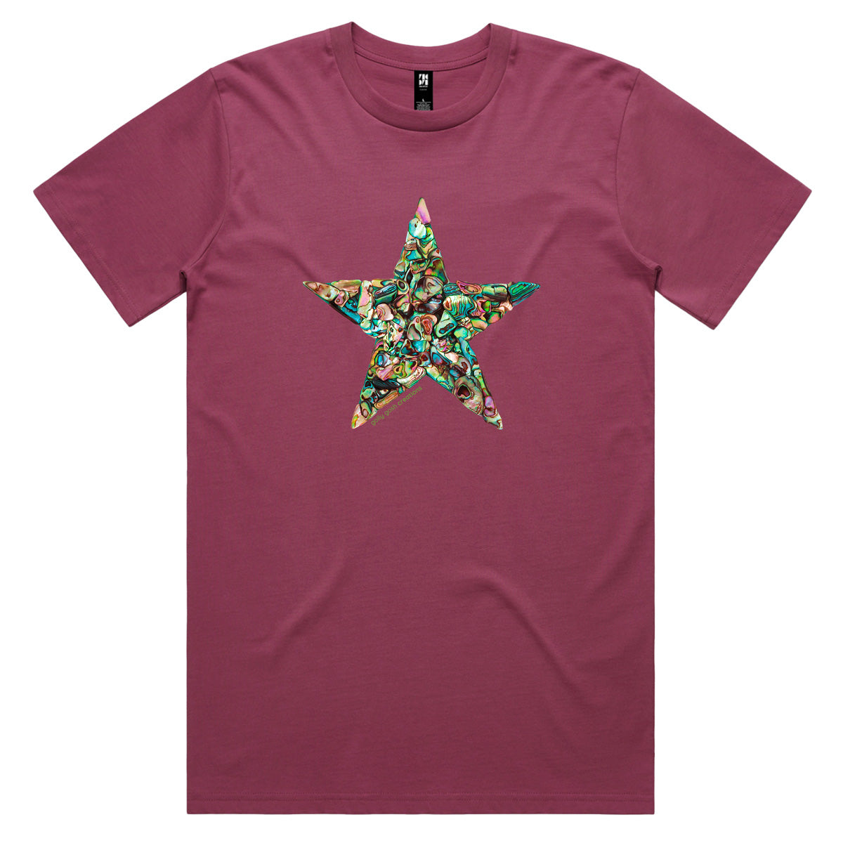 A paua star berry coloured men's tee shirt from Golly Gosh Creations. Handcrafted from iridescent paua shells. Sizes XS - 2XL. Quality cotton.
