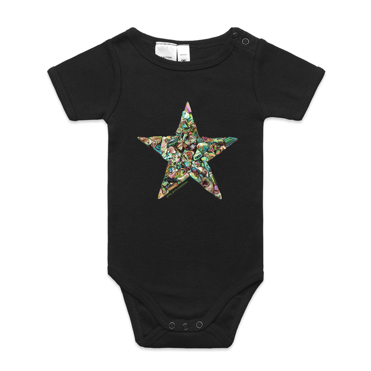 A paua star babygrow from Golly Gosh Creations.  This organic cotton garment comes in sizes 0 - 24 months. Colour black. Created from striking paua shells.