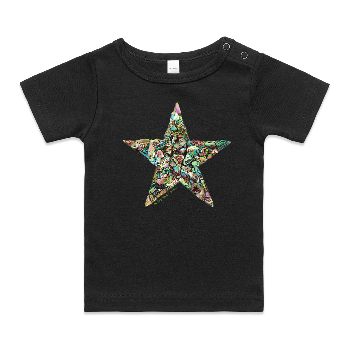 A paua star wee tee from Golly Gosh Creations. Crafted from sparking paua shells. A quality black cotton garment available from 0 - 24 months.