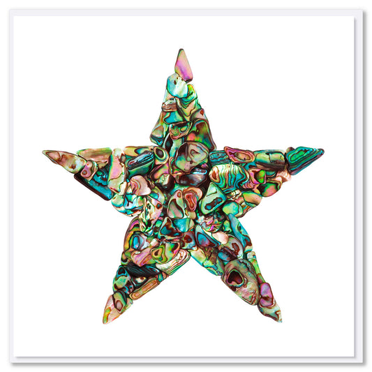 A paua star greeting card found at Golly Gosh Creations. 142 x 142mm. This sparkling card is created from iridescent pieces of paua shell.