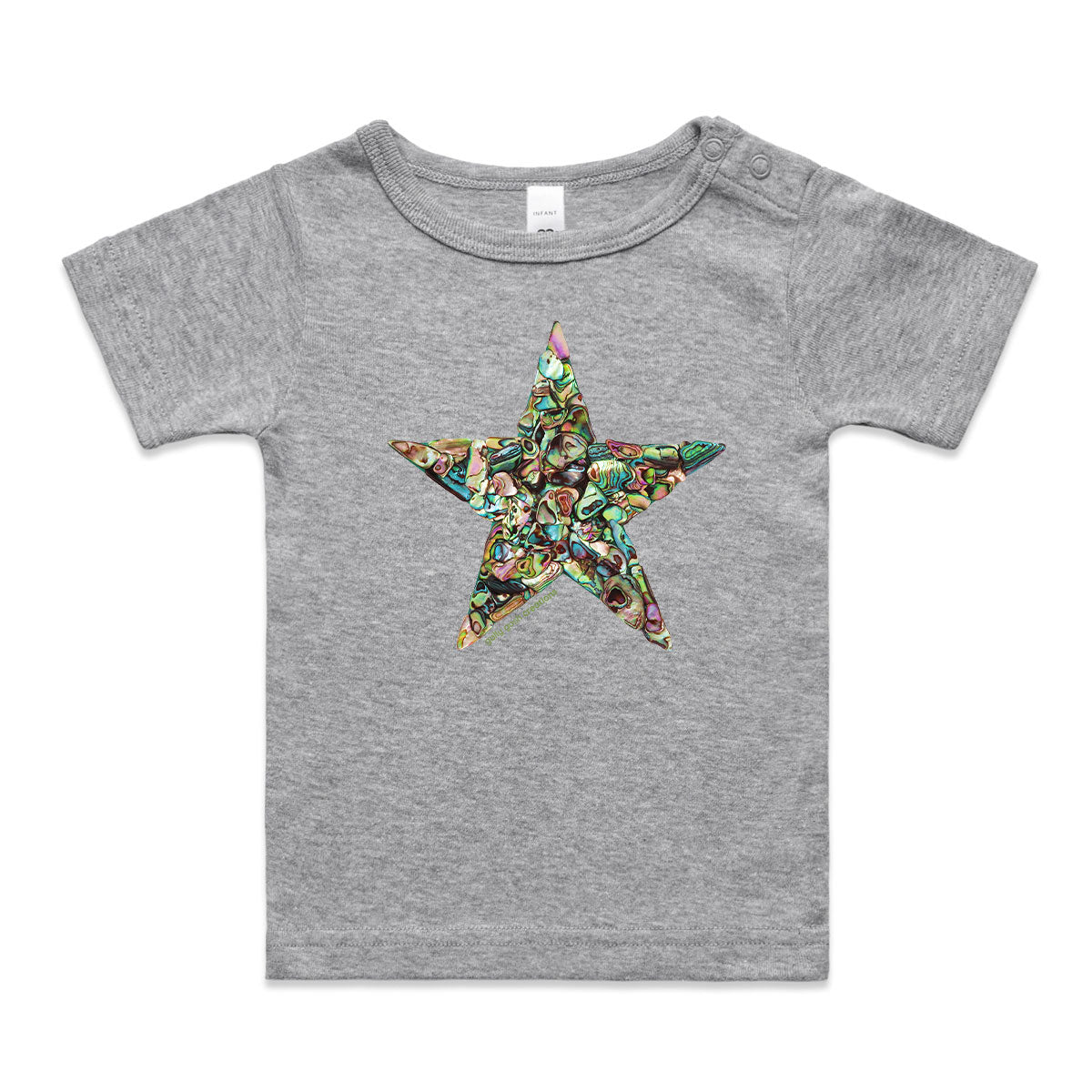 A paua star wee tee from Golly Gosh Creations. Crafted from sparking paua shells. A quality grey cotton garment available from 0 - 24 months.