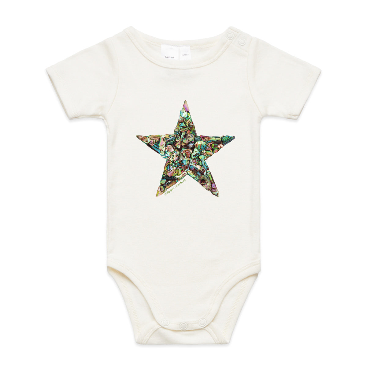 A paua star babygrow from Golly Gosh Creations.  This organic cotton garment comes in sizes 0 - 24 months. Colour natural. Created from striking paua shells.