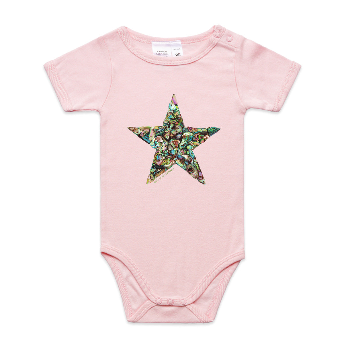 A paua star babygrow from Golly Gosh Creations.  This organic cotton garment comes in sizes 0 - 24 months. Colour pink. Created from striking paua shells.