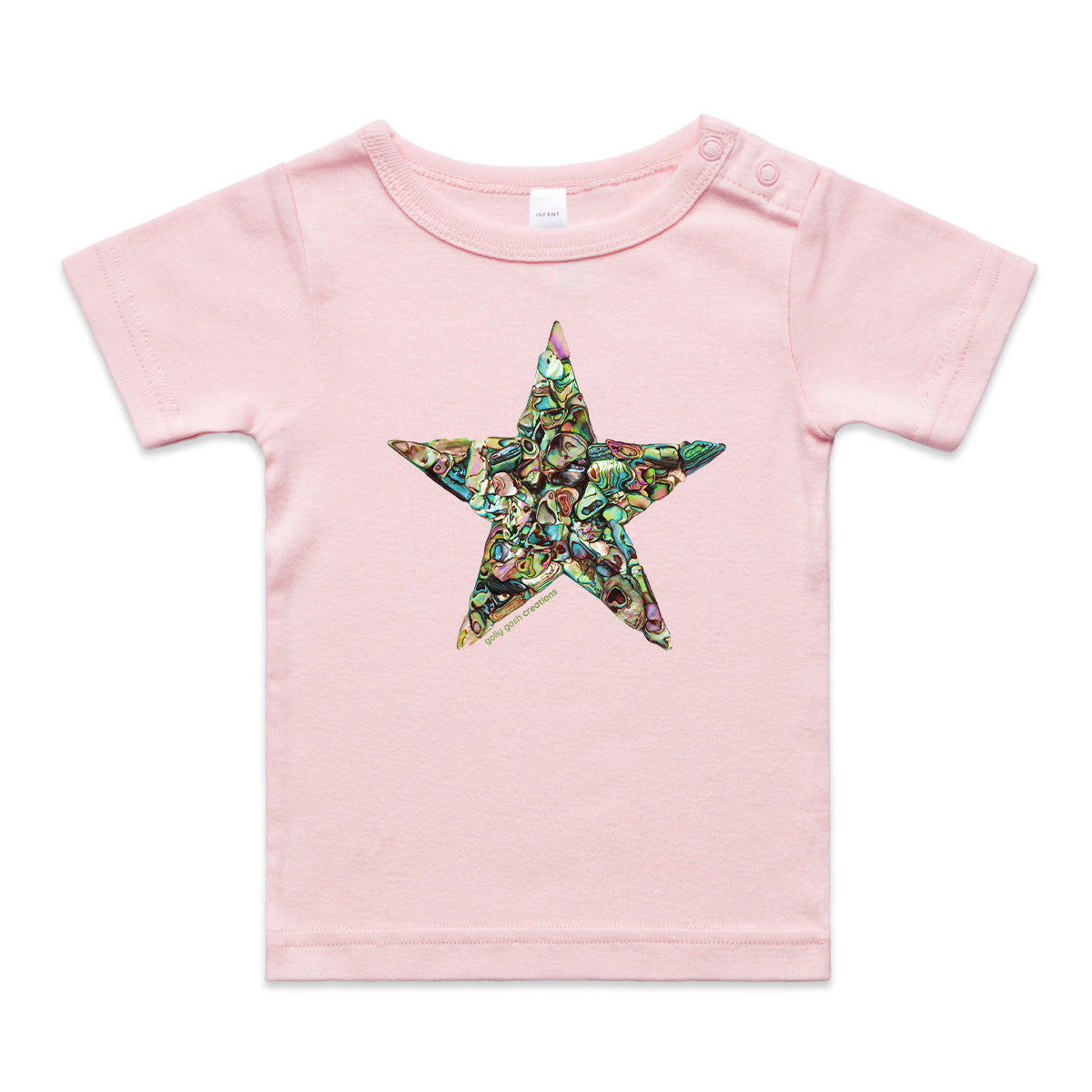 A paua star wee tee from Golly Gosh Creations. Crafted from sparking paua shells. A quality pink cotton garment available from 0 - 24 months.