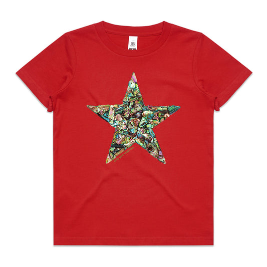 A paua star red kids tee shirt from Golly Gosh Creations. Size 2 - 16 years. Created from shiny paua shells. A quality cotton garment.