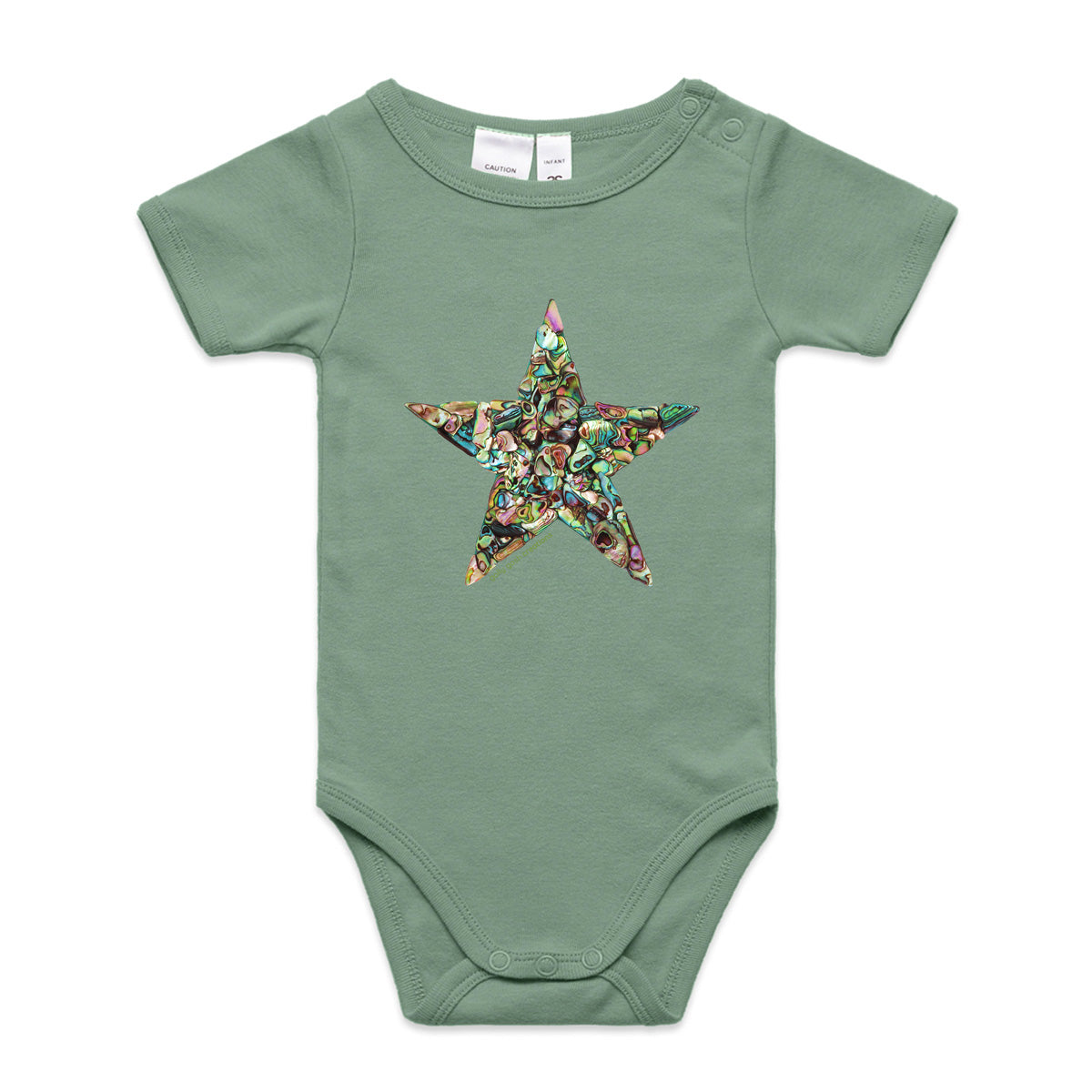 A paua star babygrow from Golly Gosh Creations.  This organic cotton garment comes in sizes 0 - 24 months. Colour sage. Created from striking paua shells.