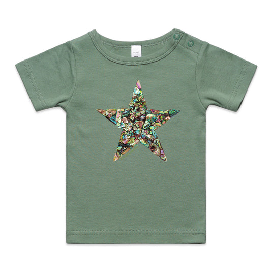 A paua star wee tee from Golly Gosh Creations. Crafted from sparking paua shells. A quality sage cotton garment available from 0 - 24 months.