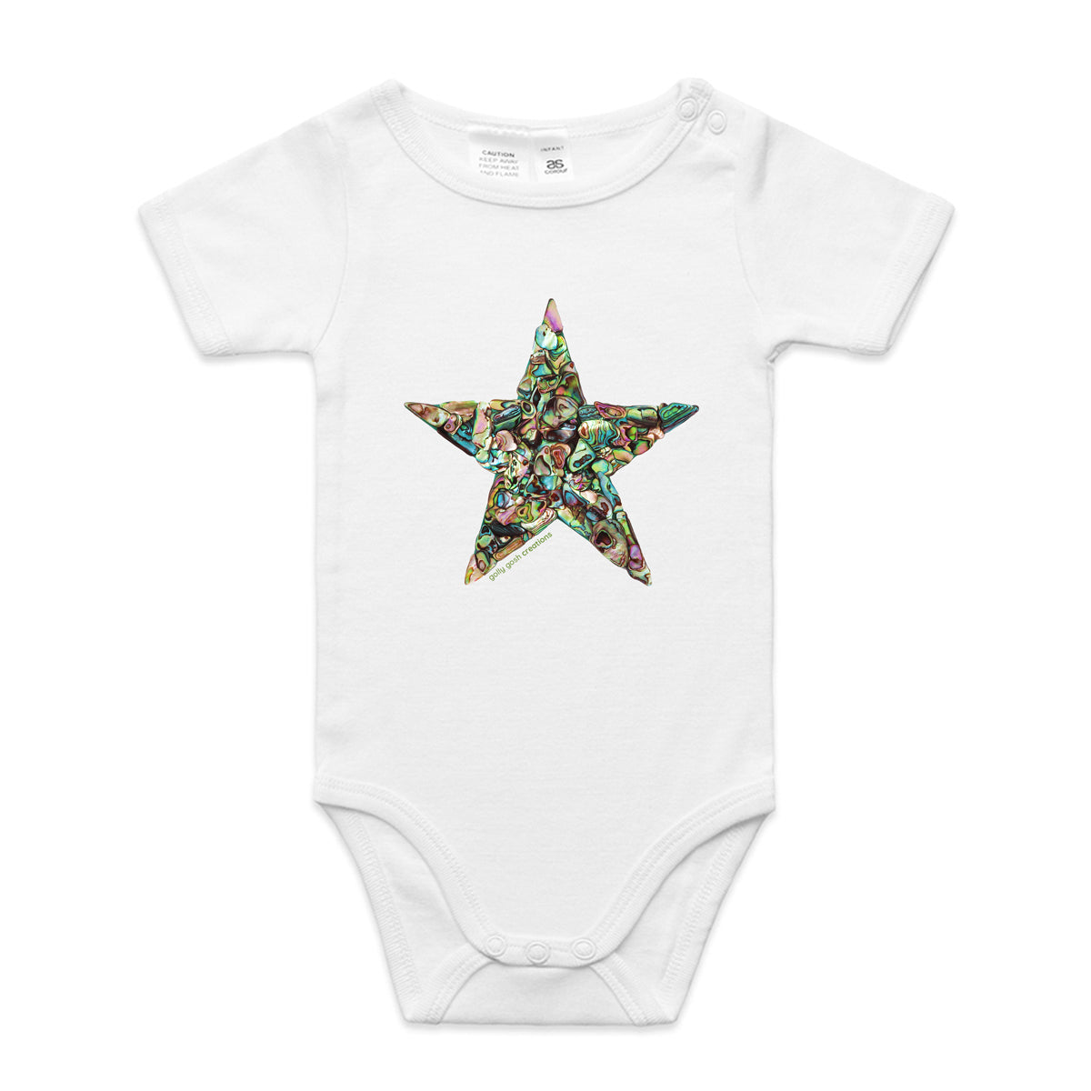 A paua star babygrow from Golly Gosh Creations.  This organic cotton garment comes in sizes 0 - 24 months. Colour white. Created from striking paua shells.