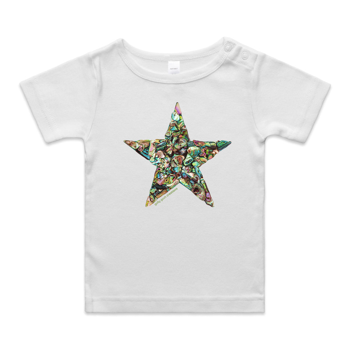 A paua star wee tee from Golly Gosh Creations. Crafted from sparking paua shells. A quality white cotton garment available from 0 - 24 months.