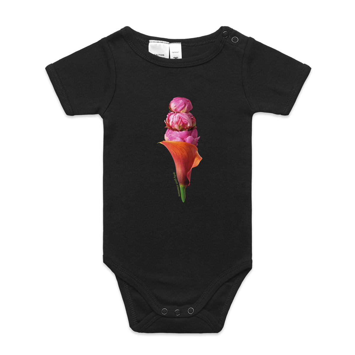 A peony ice cream babygrow from Golly Gosh Creations. This black organic cotton garment comes in sizes 0 - 24 months. Crafted from pretty fresh flowers.