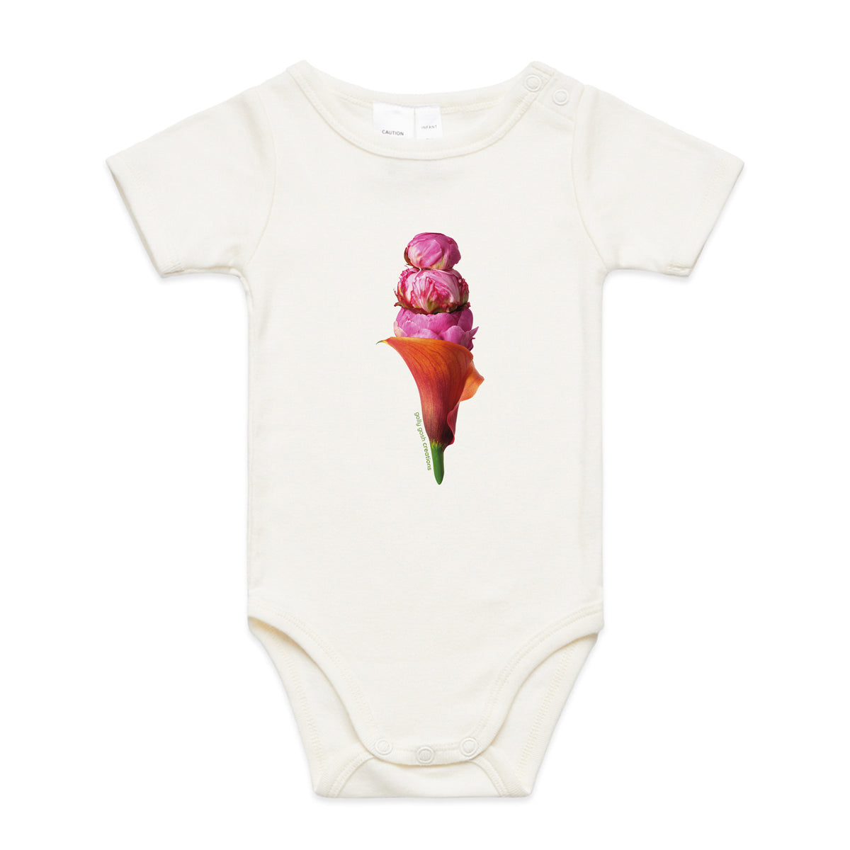 A peony ice cream babygrow from Golly Gosh Creations. This natural organic cotton garment comes in sizes 0 - 24 months. Crafted from pretty fresh flowers.