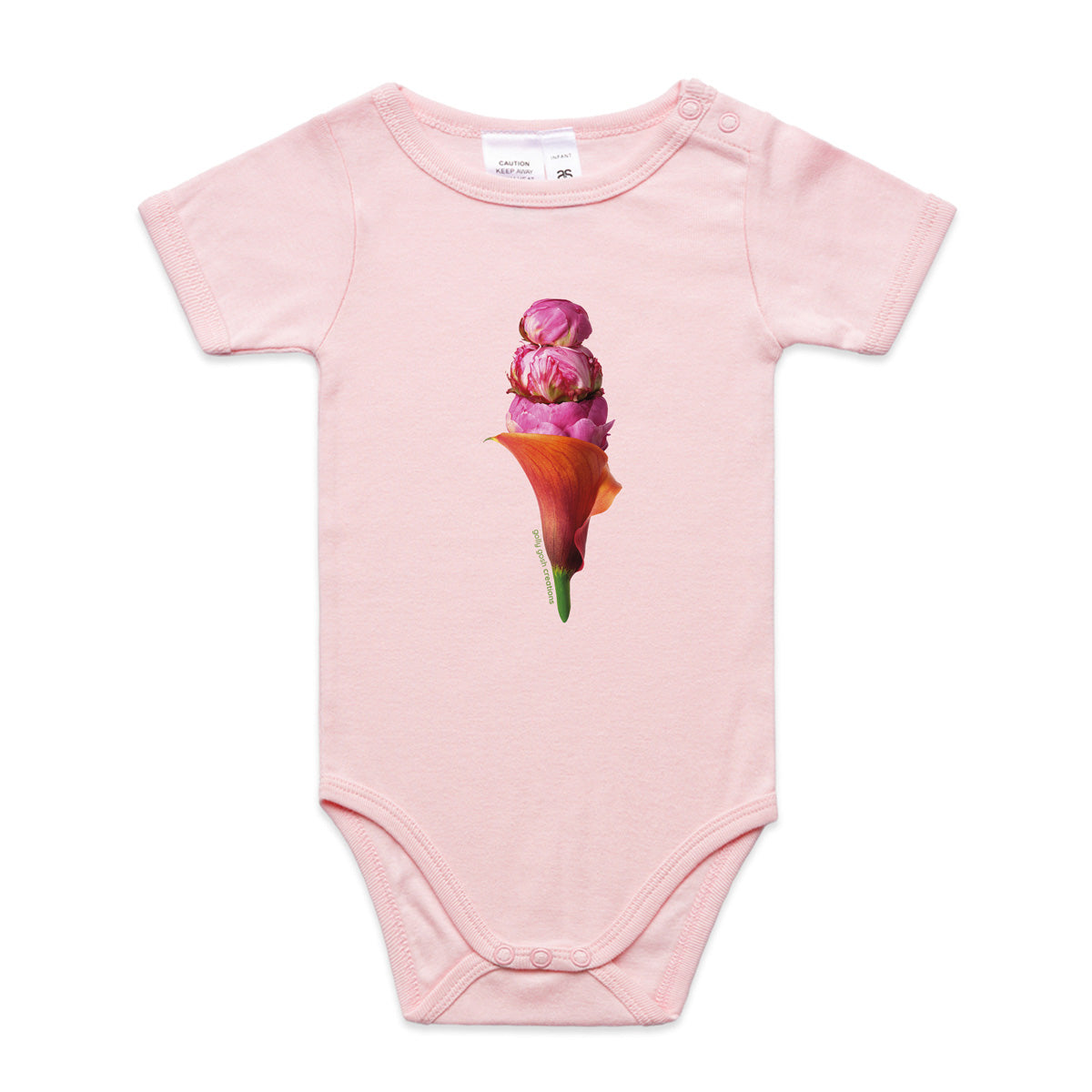 A peony ice cream babygrow from Golly Gosh Creations. This pink organic cotton garment comes in sizes 0 - 24 months. Crafted from pretty fresh flowers.