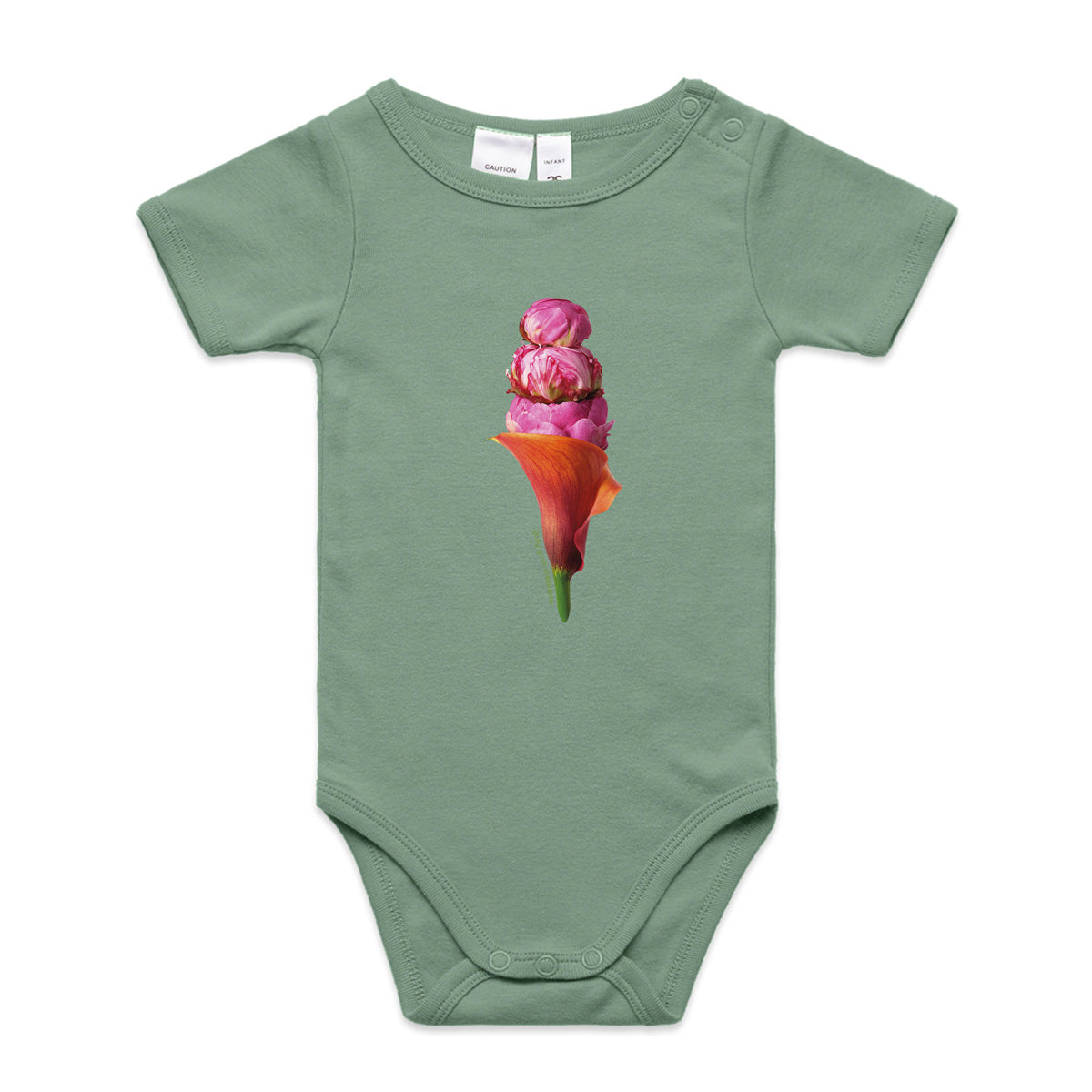 A peony ice cream babygrow from Golly Gosh Creations. This sage organic cotton garment comes in sizes 0 - 24 months. Crafted from pretty fresh flowers.