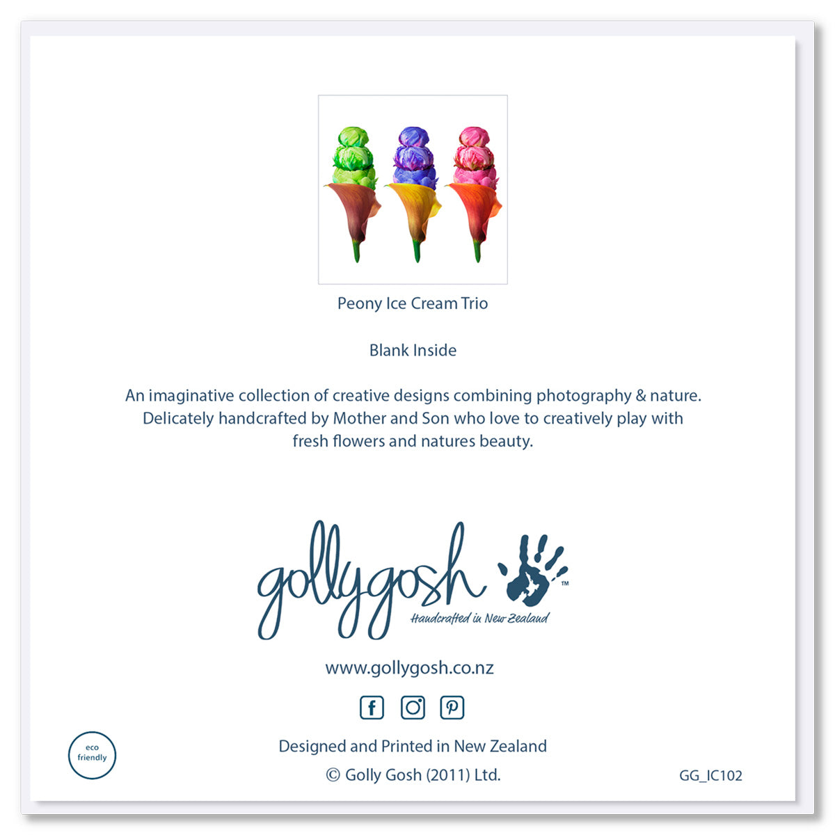 Back of Golly Gosh Peony Ice Cream Trio greeting card displaying product image with green, purple, and pink floral ice cream designs, blank inside note, description of handcrafted Mother and Son collection, branding, website and social details, and eco-friendly certification.