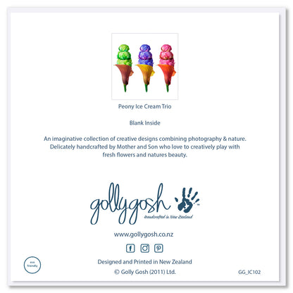 Back of Golly Gosh Peony Ice Cream Trio greeting card displaying product image with green, purple, and pink floral ice cream designs, blank inside note, description of handcrafted Mother and Son collection, branding, website and social details, and eco-friendly certification.