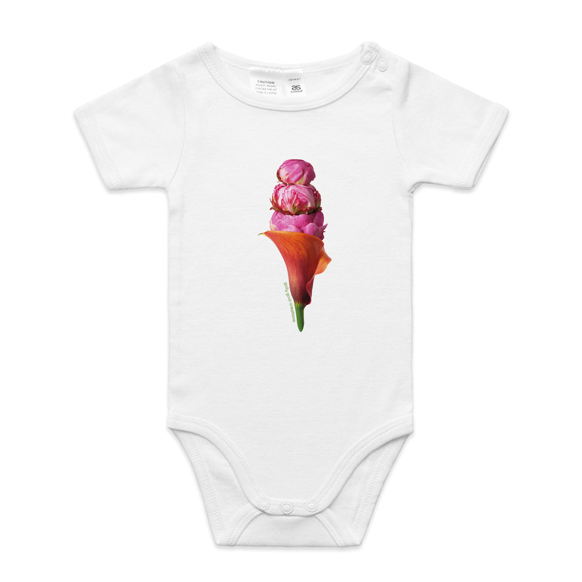 A peony ice cream babygrow from Golly Gosh Creations. This white organic cotton garment comes in sizes 0 - 24 months. Crafted from pretty fresh flowers.