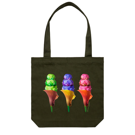 A peony ice creams cotton canvas tote bag from Golly Gosh Creations. Handcrafted from fresh flowers. Colour dark green.