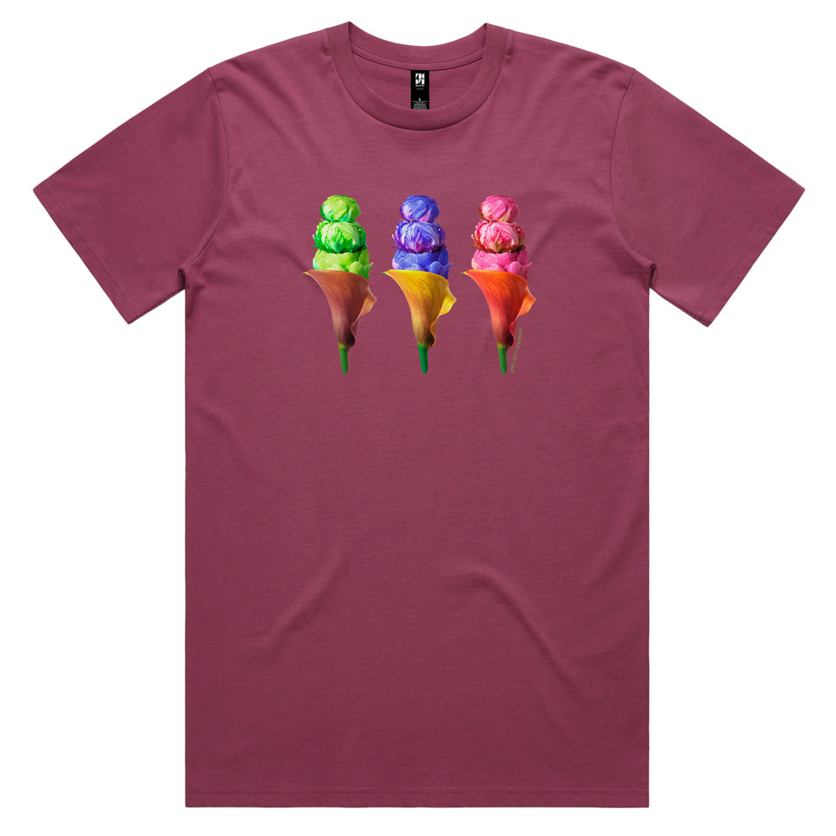An peony ice creams men's tee shirt from Golly Gosh Creations. Crafted from colourful flowers. Sizes S - 5XL. A quality cotton berry coloured tee shirt.