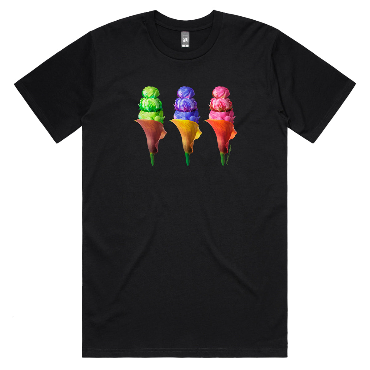 An peony ice creams men's tee shirt from Golly Gosh Creations. Crafted from colourful flowers. Sizes S - 5XL. A quality cotton black tee shirt.
