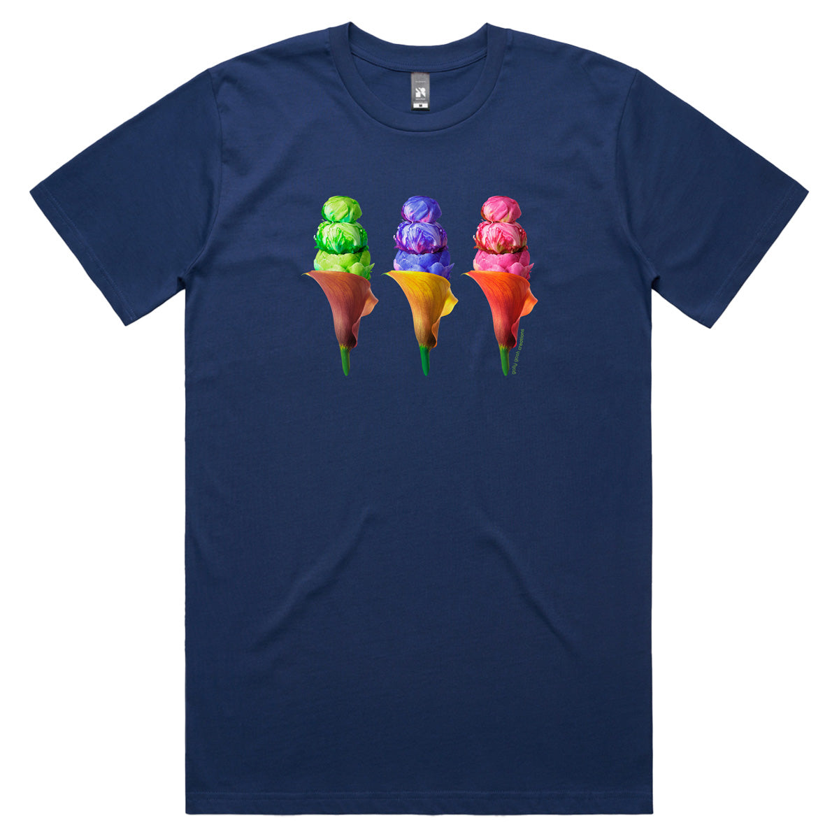 An peony ice creams men's tee shirt from Golly Gosh Creations. Crafted from colourful flowers. Sizes S - 5XL. A quality cotton dark blue tee shirt.