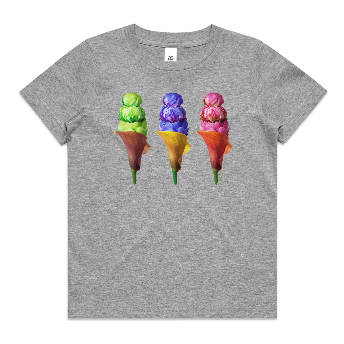 A peony ice creams grey kids tee shirt from Golly Gosh Creations. Size 2 - 16 years. Created from colourful flowers. A quality cotton garment.
