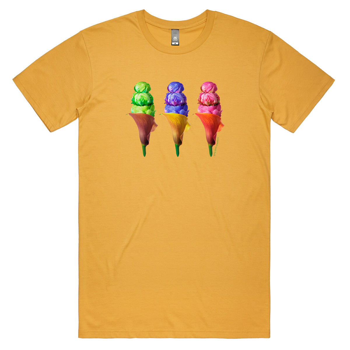 An peony ice creams men's tee shirt from Golly Gosh Creations. Crafted from colourful flowers. Sizes S - 5XL. A quality cotton mustard coloured tee shirt.