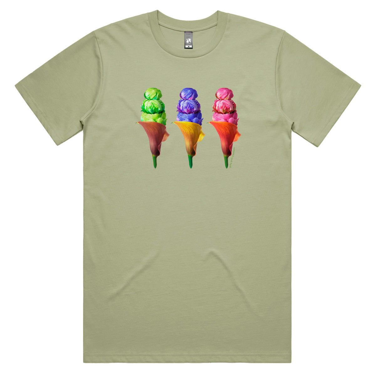 An peony ice creams men's tee shirt from Golly Gosh Creations. Crafted from colourful flowers. Sizes S - 5XL. A quality cotton pistachio coloured tee shirt.
