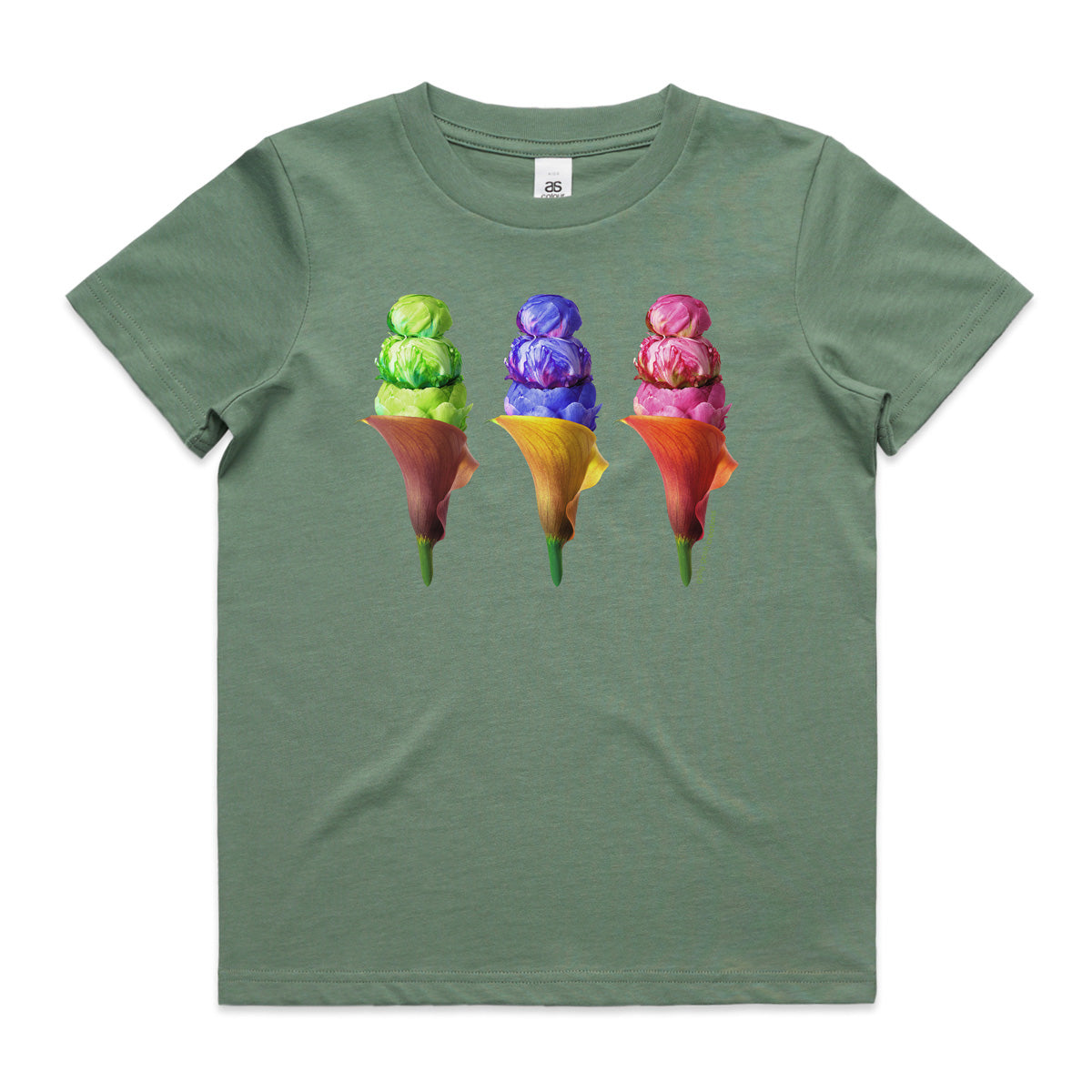 A peony ice creams sage kids tee shirt from Golly Gosh Creations. Size 2 - 16 years. Created from colourful flowers. A quality cotton garment.