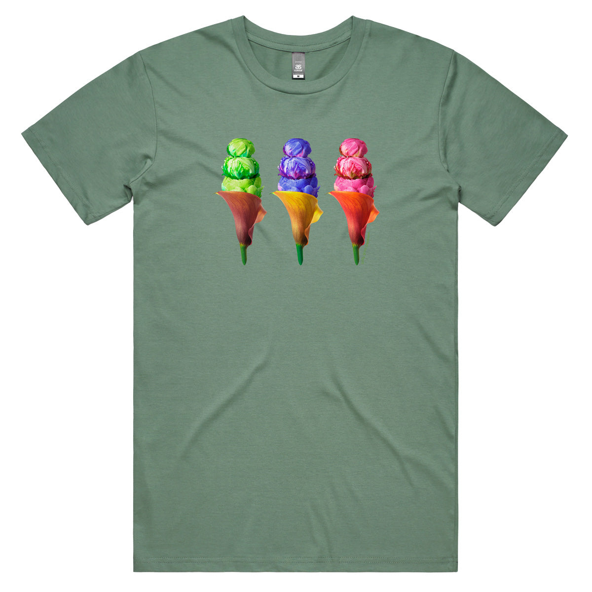An peony ice creams men's tee shirt from Golly Gosh Creations. Crafted from colourful flowers. Sizes S - 5XL. A quality cotton sage coloured tee shirt.