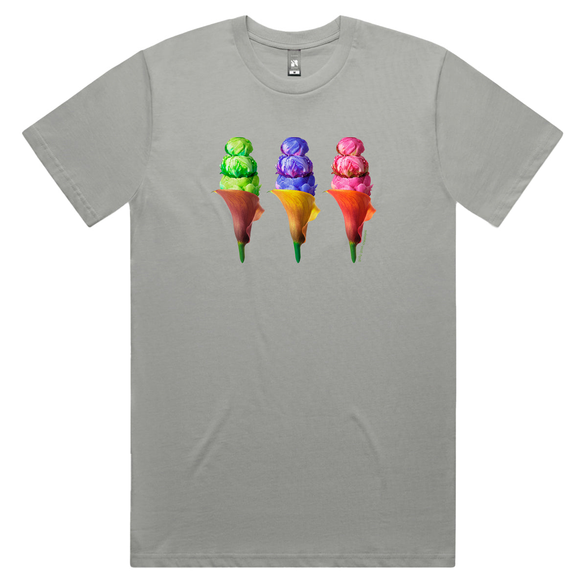 An peony ice creams men's tee shirt from Golly Gosh Creations. Crafted from colourful flowers. Sizes S - 5XL. A quality cotton grey tee shirt.