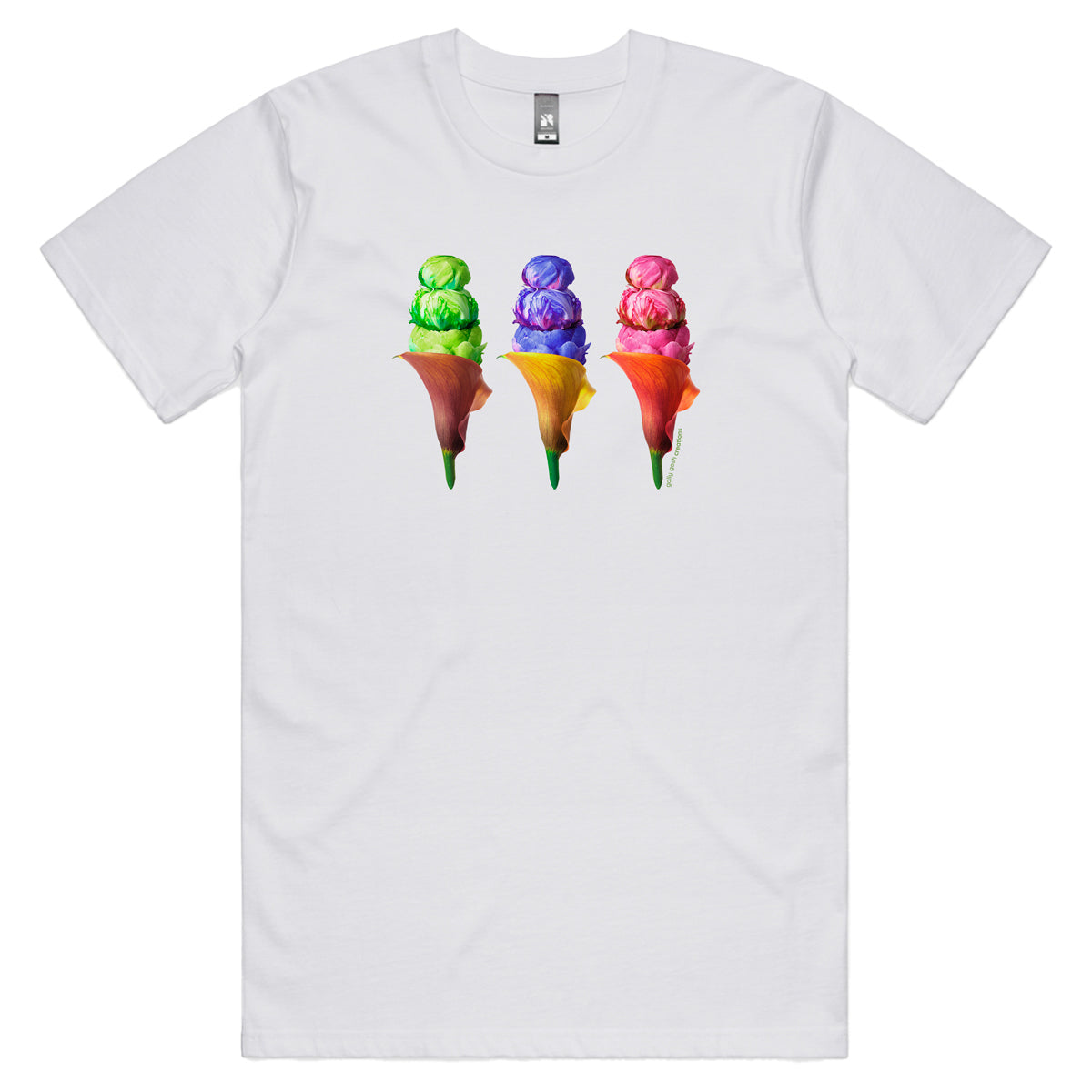An peony ice creams men's tee shirt from Golly Gosh Creations. Crafted from colourful flowers. Sizes S - 5XL. A quality cotton white tee shirt.