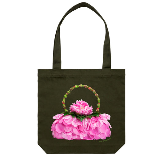 A cotton canvas tote bag from Golly Gosh Creations. Featuring a  peony petal bag. Handcrafted from luscious pink peony petals. Colour dark green.