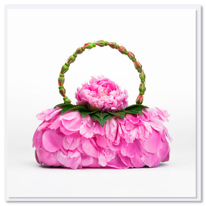 A stunning peony petal bag greeting card from Golly Gosh Creations. This generous square card radiates elegance with it's vibrant pink peony petals.